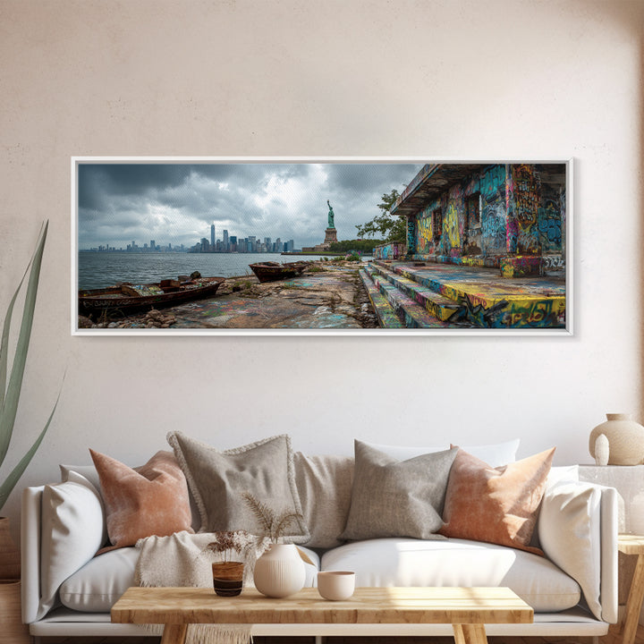 Cityscape With Statue And Graffiti Urban Street Scene Wall Art Framed Canvas Print For Industrial Home Decor And Gift For Him