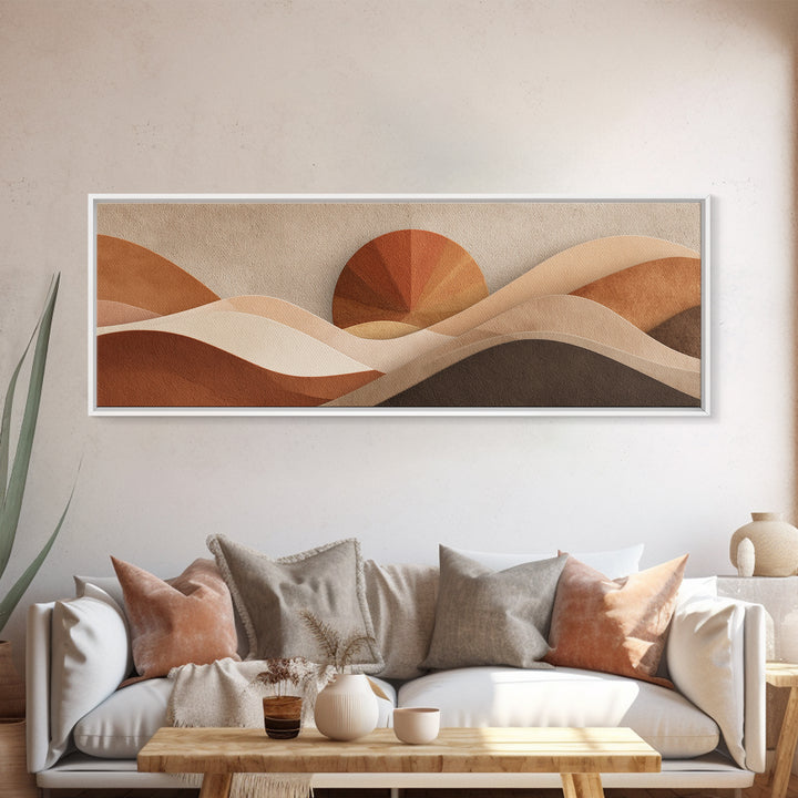 Abstract Desert Dunes And Sun Wall Art, Earth Tone Neutral Landscape, Mid Century Modern Decor, Large Horizontal Canvas Print