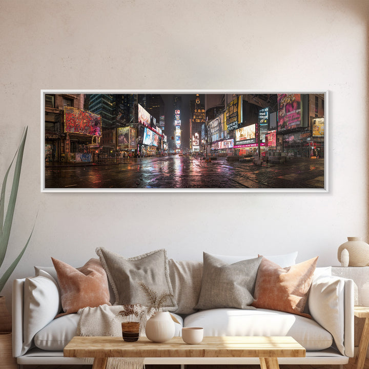 Vibrant Urban Night Scene With Neon Lights And Reflections Cityscape Wall Art Framed Canvas Print For Modern Home Decor