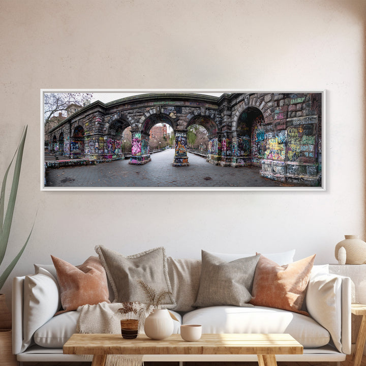 Gothic Urban Stone Archway Decorated With Graffiti In City Park Wall Art Framed Canvas Print