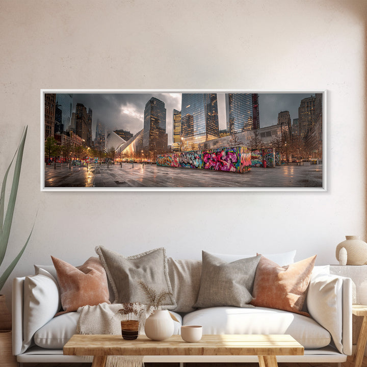 Vibrant Urban Landscape With Graffiti Walls And Reflective Wet Pavement - Modern Wall Art Canvas Print For Loft And City Apartment Decor