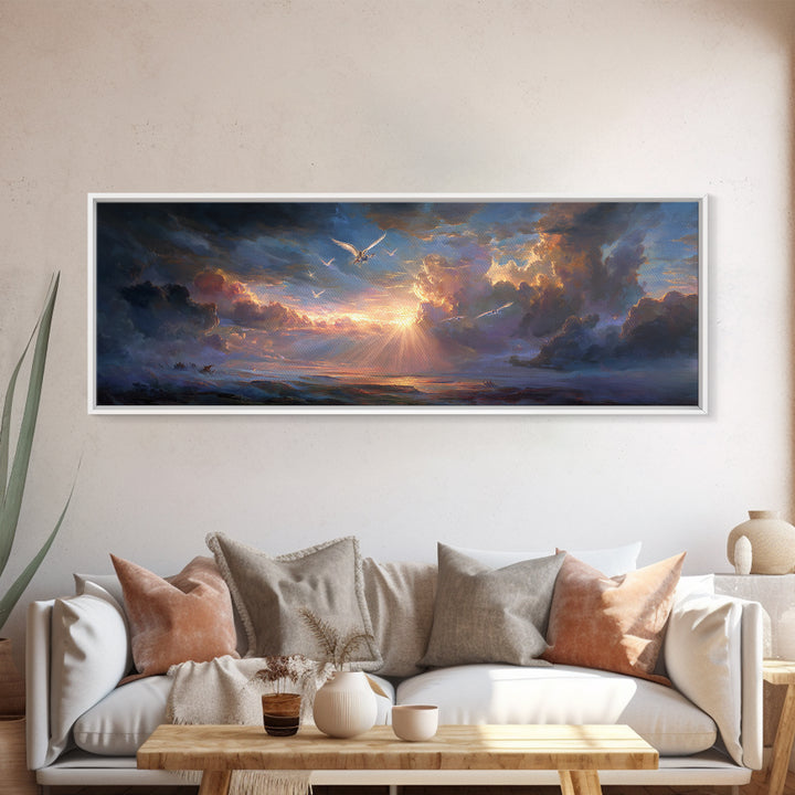 Dramatic Sunrise Over Stormy Sea Wall Art, Coastal Seascape Canvas Print, Inspirational Nature Decor, Living Room Wall Art