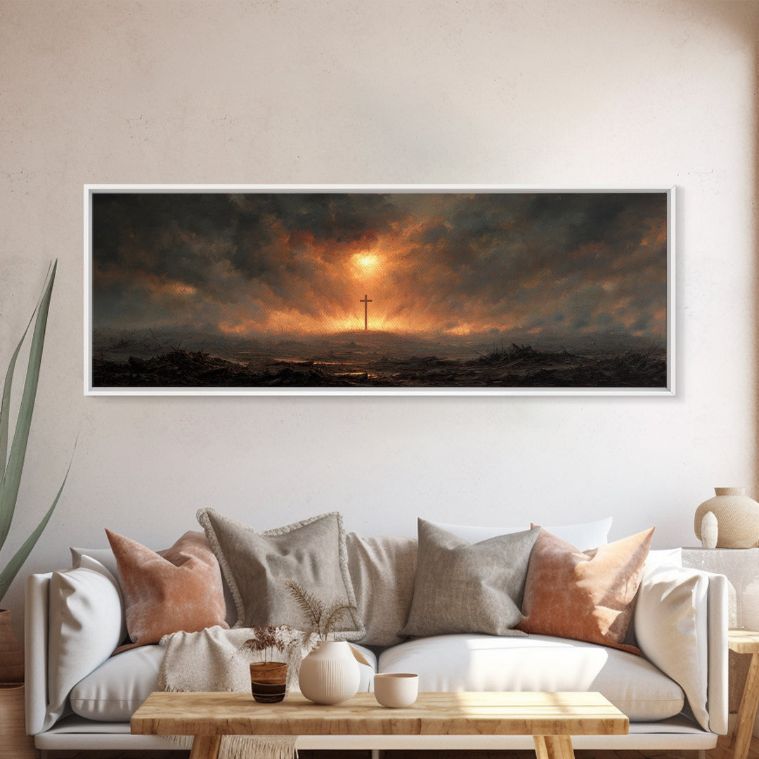 Dramatic Religious Cross Scene In Fiery Sunset Sky Oil Painting Canvas Print For Moody Wall Art And Christian Home Decor