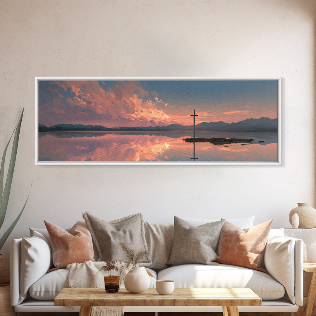 Peaceful Sword In Lake At Sunset Landscape Painting Wall Art Framed Canvas Print Tranquil Nature Scene For Bedroom Or Living Room Neutral Decor