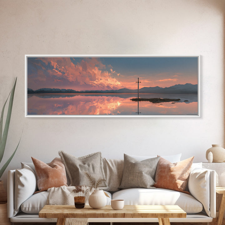 Peaceful Sword In Lake At Sunset Landscape Painting Wall Art Framed Canvas Print Tranquil Nature Scene For Bedroom Or Living Room Neutral Decor