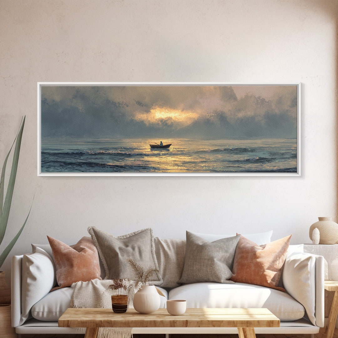 Contemplative Boat At Sea Sunrise Tranquil Ocean Scene Watercolor Style Wall Art Canvas Print Beach Decor