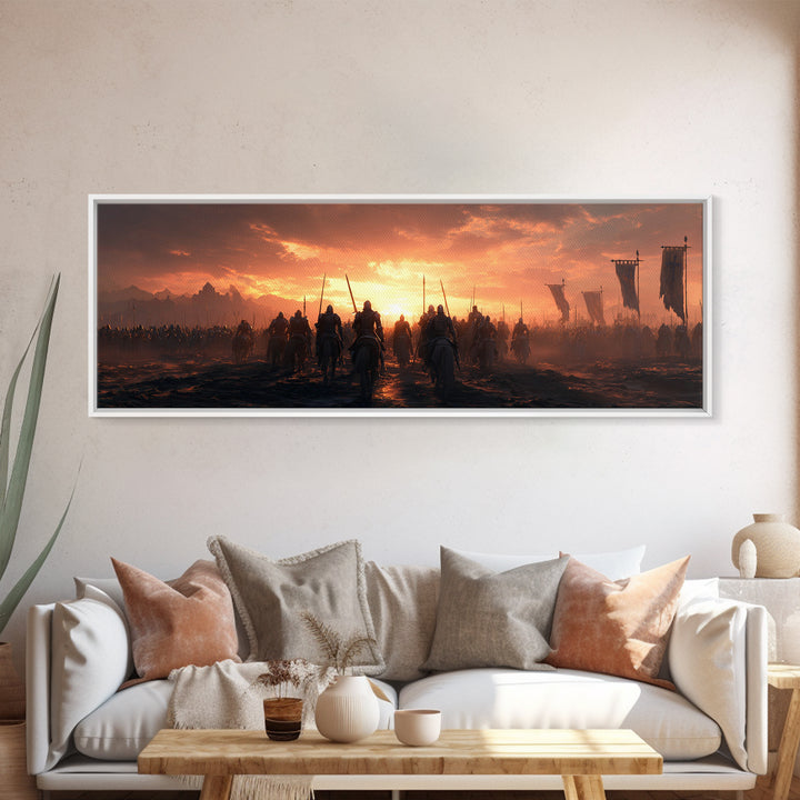 Epic Medieval Battle Scene At Sunset With Armored Knights And Banners Wall Art Framed Canvas Print For Home Decor