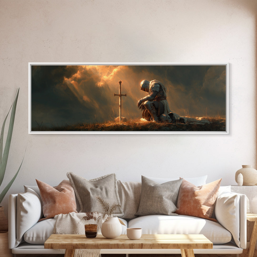 Kneeling Knight At Glowing Cross Wall Art, Christian Medieval Warrior Canvas, Prayer Room Decor, Inspirational Gift For Him