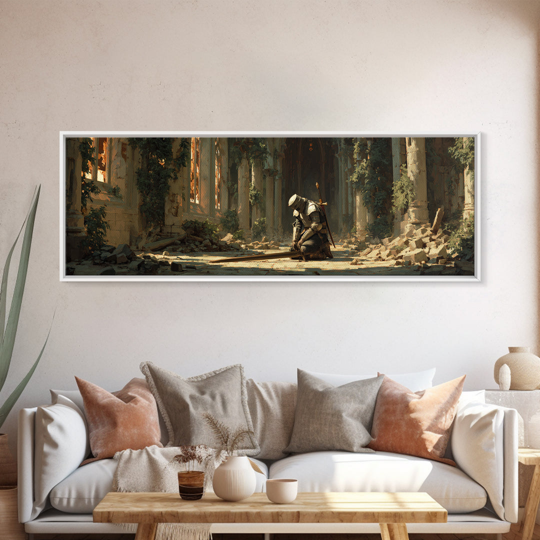 Kneeling Medieval Knight In Ruined Gothic Chapel With Sword Framed Canvas Print Dark Moody Wall Art