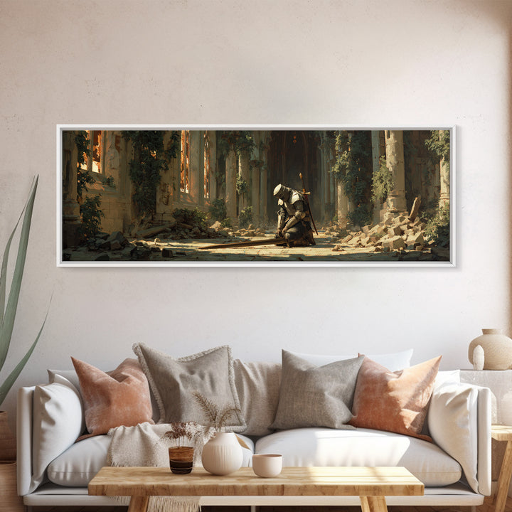 Kneeling Medieval Knight In Ruined Gothic Chapel With Sword Framed Canvas Print Dark Moody Wall Art