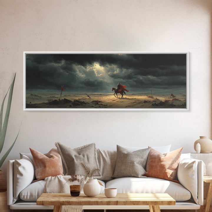 Medieval Knight On Horseback Under Moody Skies, Epic Historical Oil Painting Wall Art Print, Large Canvas Print For Dramatic Home Decor