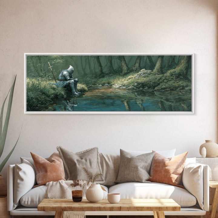 Reflective Knight In Armor Sitting Near Stream Fantasy Wall Art Canvas Print For Living Room Decor