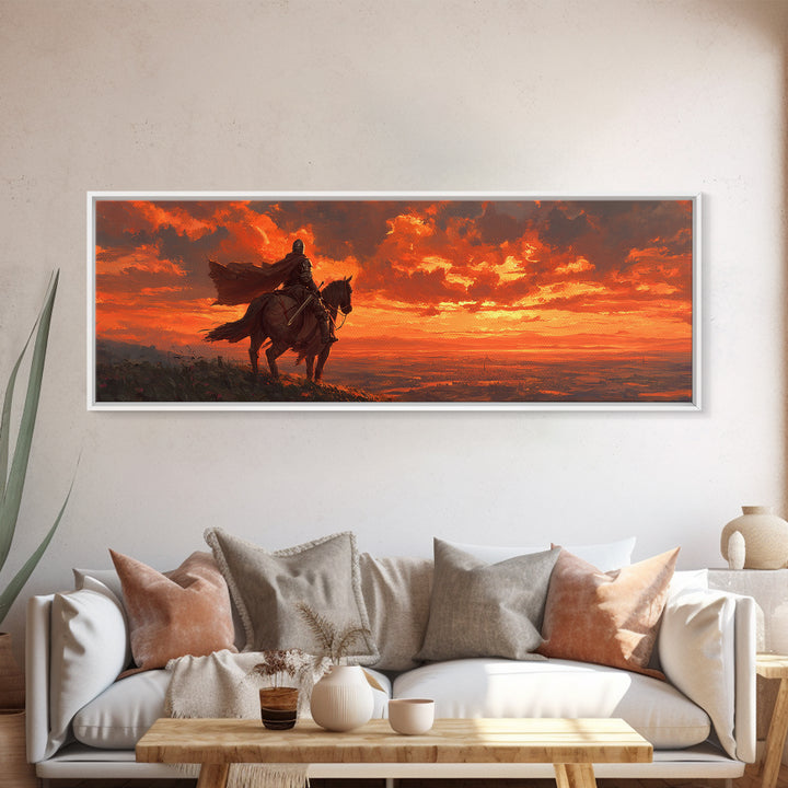 Knight In Armor On Horseback At Dusk Dramatic Sunset Canvas Print With Fiery Sky And Epic Medieval Scene Wall Art For Living Room Decor