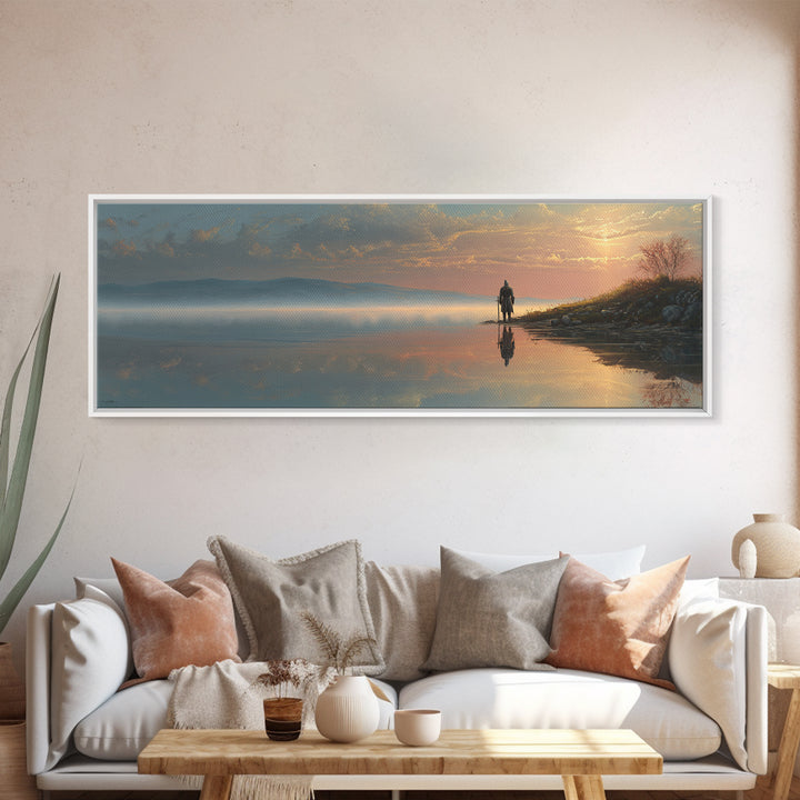 Knight Standing At Lakeside Reflective Water Realistic Landscape Oil Painting Canvas Print