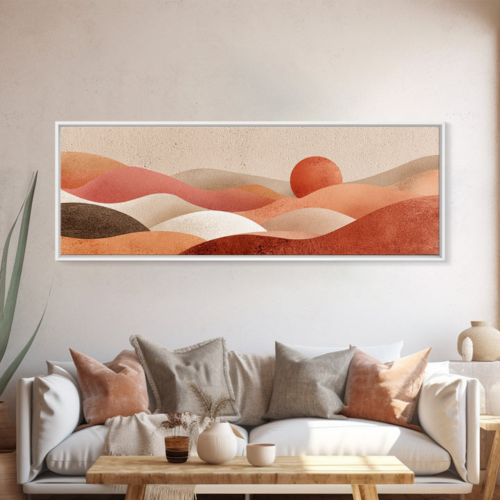 Soft Rolling Hills And Red Sun Wall Art, Abstract Landscape Canvas Print, Earth Tone Decor, Large Horizontal Living Room Art