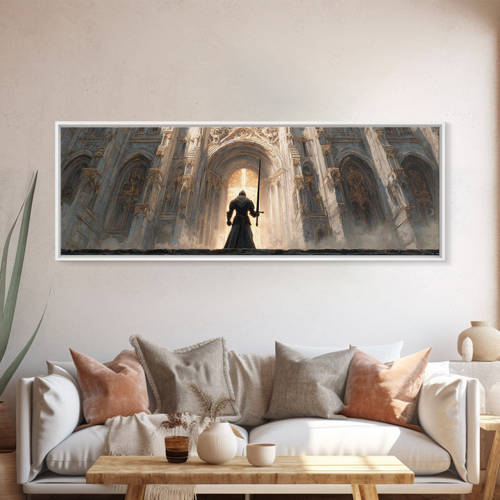 Epic Knight Standing Before Illuminated Cathedral Entrance Wall Art Framed Canvas Print For Dramatic Home Decor Gift