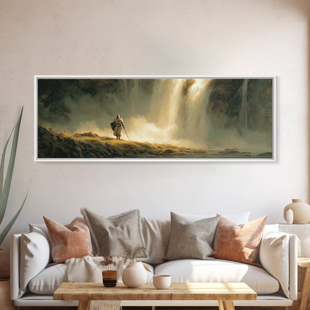 Medieval Knight Standing Near Waterfall Landscape Oil Painting Wall Art Canvas Print For Home Decor