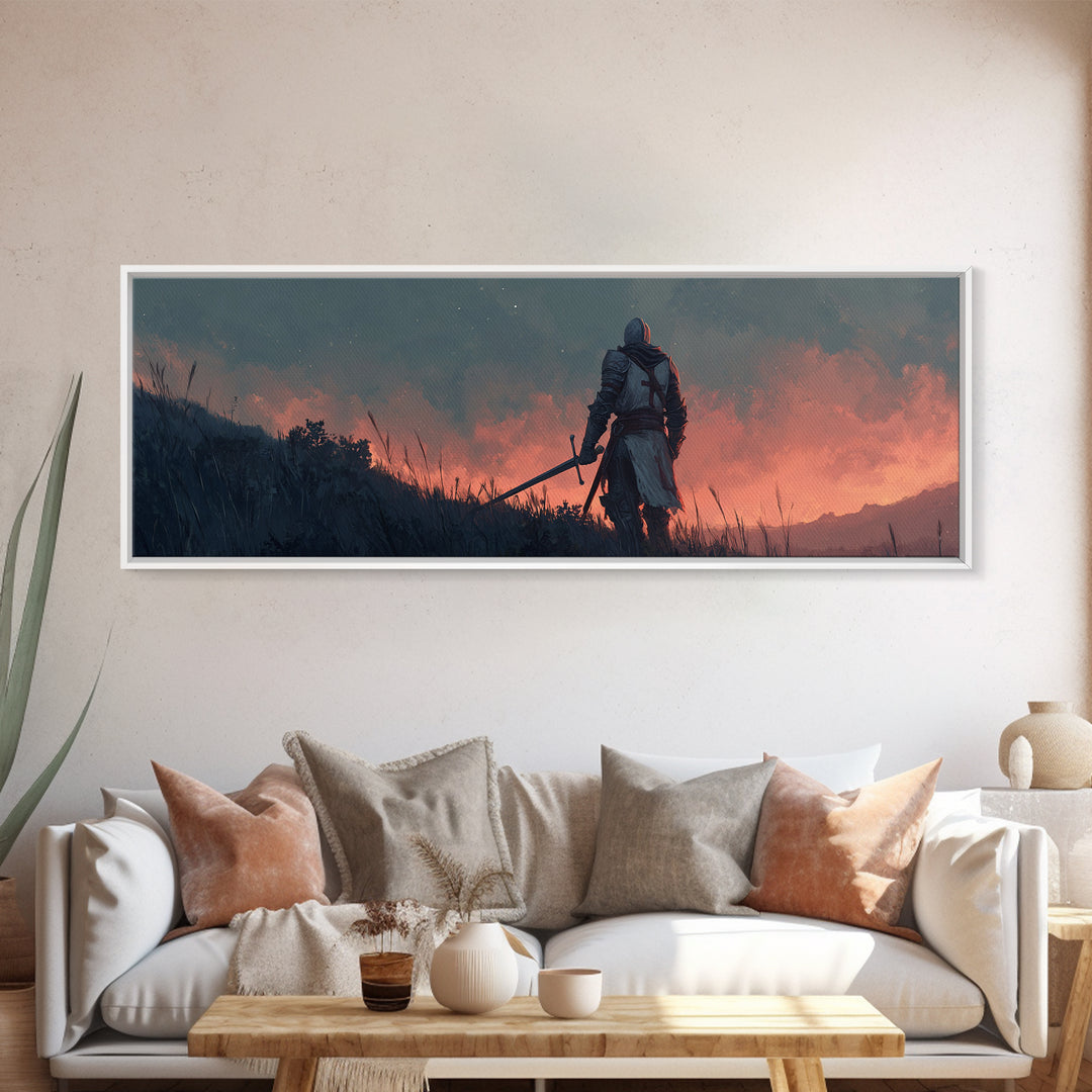 Brave Medieval Knight Staring At Fiery Sunset Holding Sword Canvas Print
