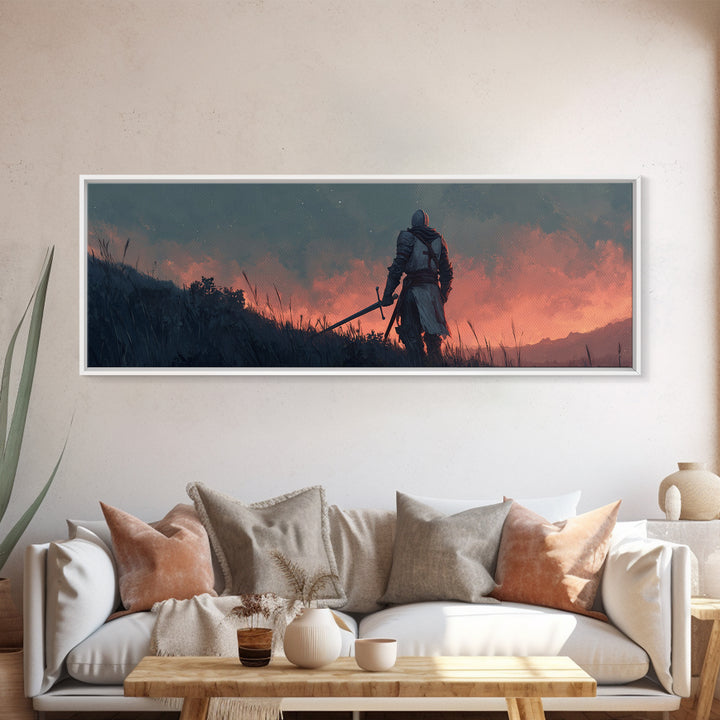 Brave Medieval Knight Staring At Fiery Sunset Holding Sword Canvas Print
