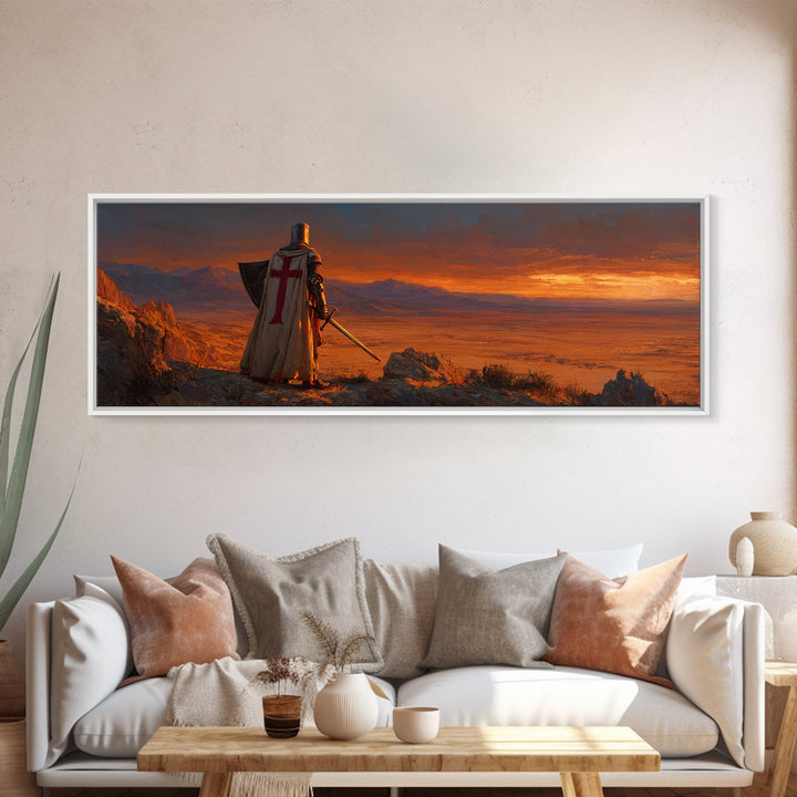Medieval Knight Standing on Cliff Overlooking Sunset Dramatic Figurative Wall Art Oil Painting Canvas Print for Rustic Home Decor