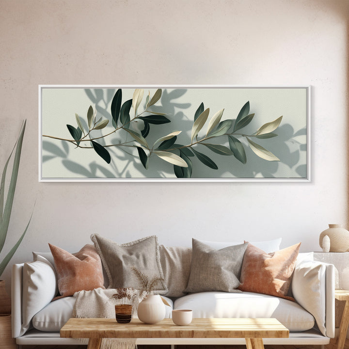 Olive Branch With Soft Shadows Wall Art, Minimalist Botanical Art Print, Sage Green Wall Decor, Modern Japandi Canvas Print