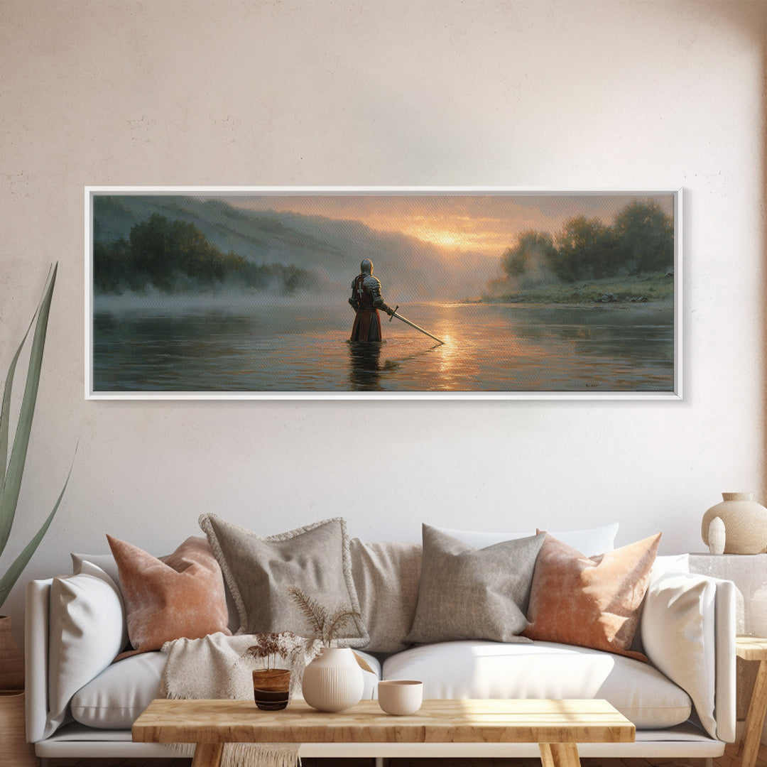 Knight Standing In Misty River At Sunrise With Sword Large Wall Art For Medieval Art Lovers