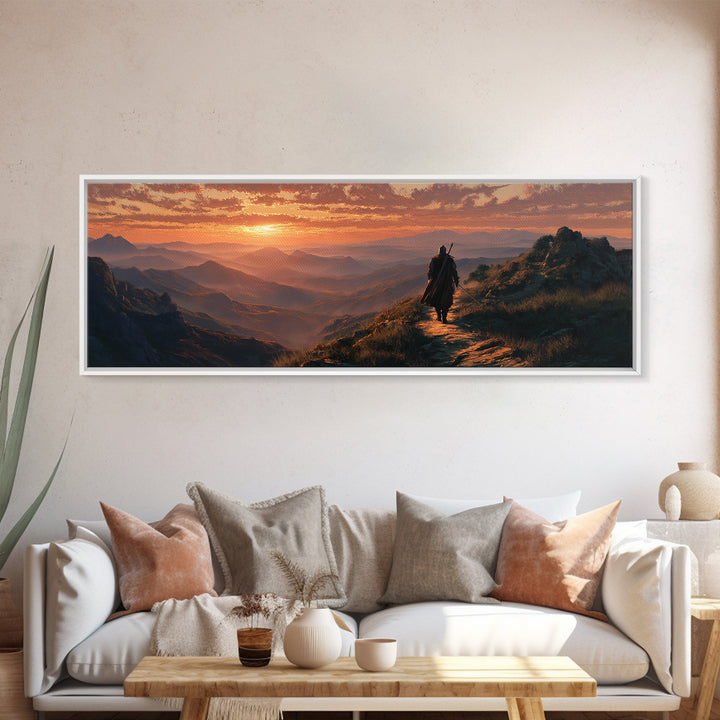 Medieval Knight Walking On Mountain Path At Sunset Dramatic Landscape Wall Art Framed Canvas Print For Fantasy Room Decor And Gifts