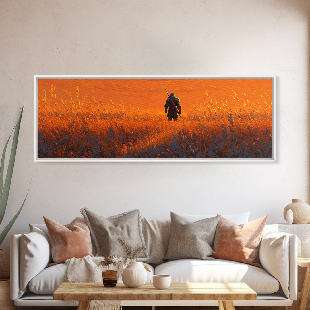 Epic Warrior Standing in Fiery Field Fantasy Painting Wall Art Framed Canvas Print with Dramatic Sky for Home and Office Decor