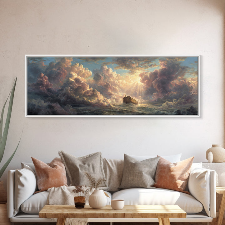Epic Noah's Ark Floating On Stormy Sea With Divine Light Breaking Through Clouds Canvas Print
