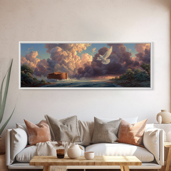 Serene Noahs Ark Ocean Landscape With Dove And Dramatic Sky Inspirational Wall Art Framed Canvas Print