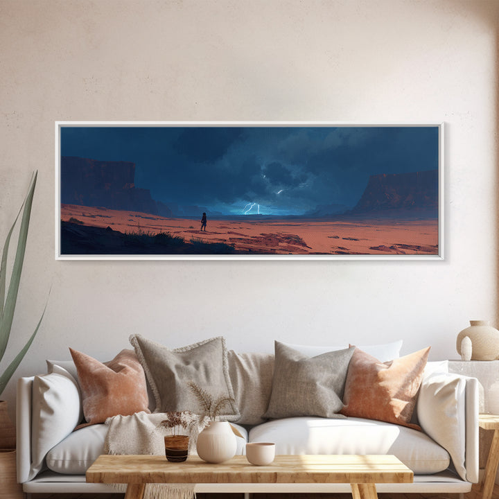 Moody Desert Landscape Lightning Storm Digital Painting Dramatic Wall Art Framed Canvas Print Modern Home Decor