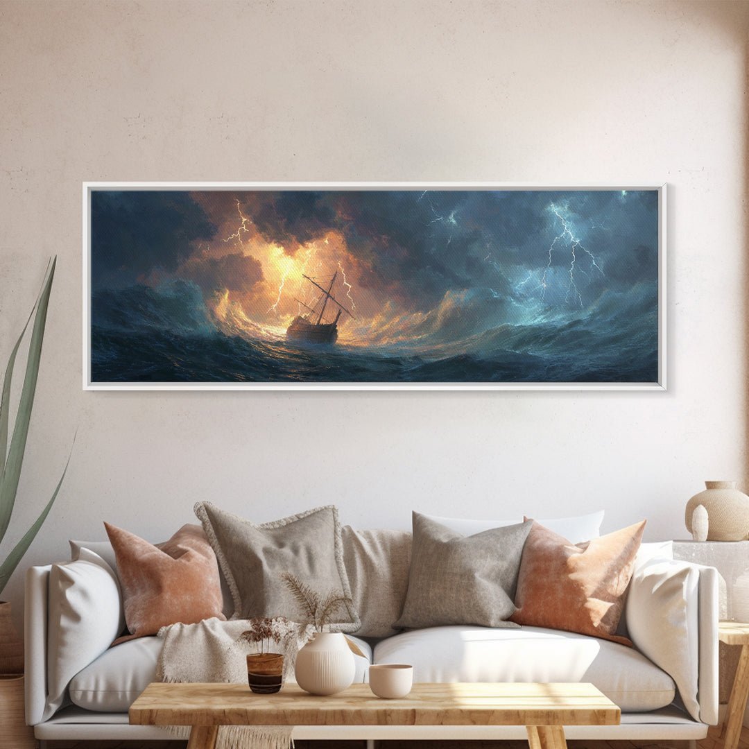 Stormy Ocean Ship In Lightning And Waves Painting Dramatic Seascape Wall Art Framed Canvas Print Perfect For Coastal Living Room Or Nautical Office Decor