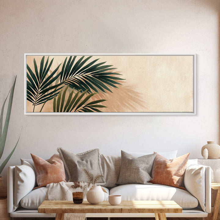 Tropical Palm Leaf Shadows Wall Art, Minimal Botanical Canvas Print, Coastal Boho Home Decor, Neutral Beige Living Room Art