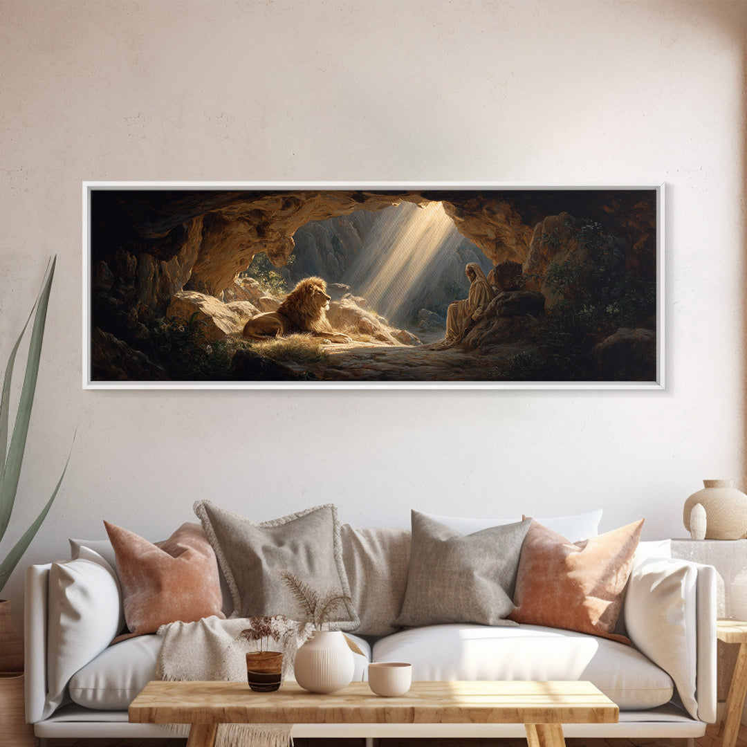 Sunlit Cave Scene With Lion And Sage Figure Painting Wall Art Framed Canvas Print For Mystical Home Decor