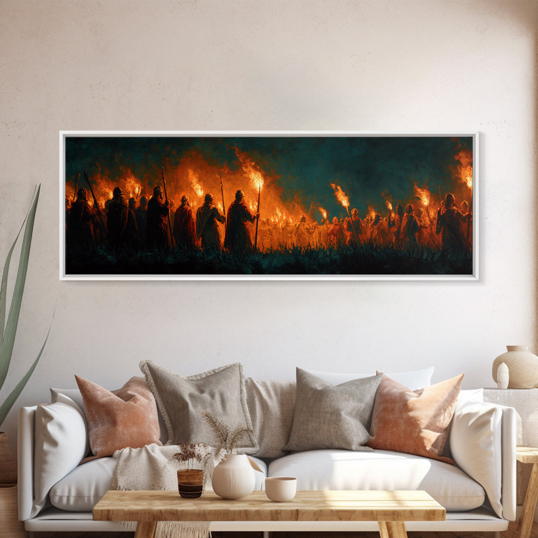 Moody Fiery Torch Lit Night Procession Painting Wall Art Framed Canvas Print For Medieval Dark Romantic And Gothic Decor