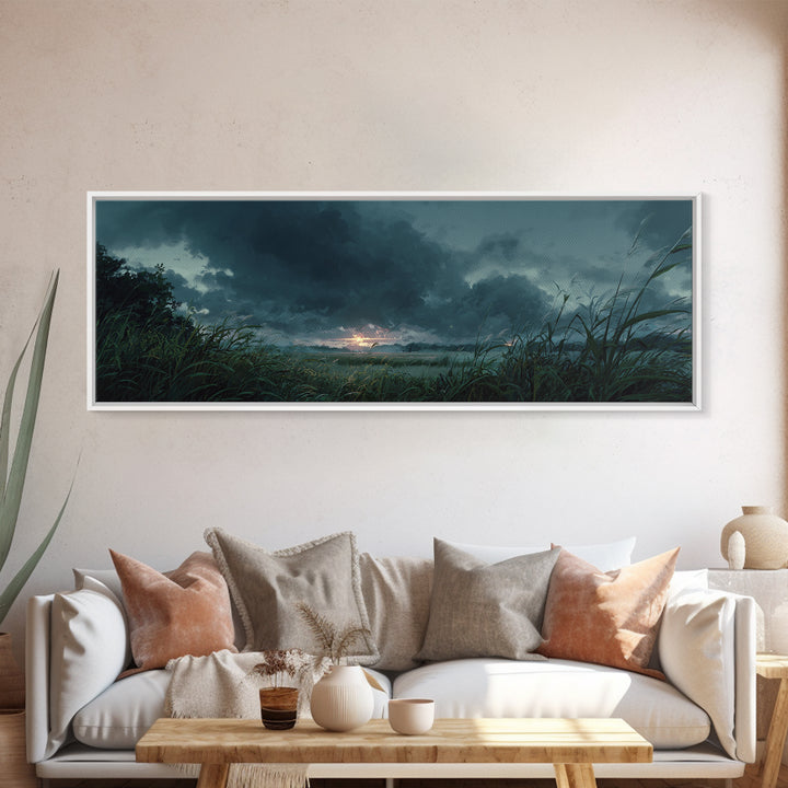 Dramatic Stormy Landscape Digital Painting With Lush Grasses and Dark Clouds Sunset Scene Canvas Print