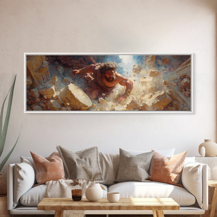 Strong Mythological Giant Breaking Rocks Epic Fantasy Painting Wall Art Canvas Print