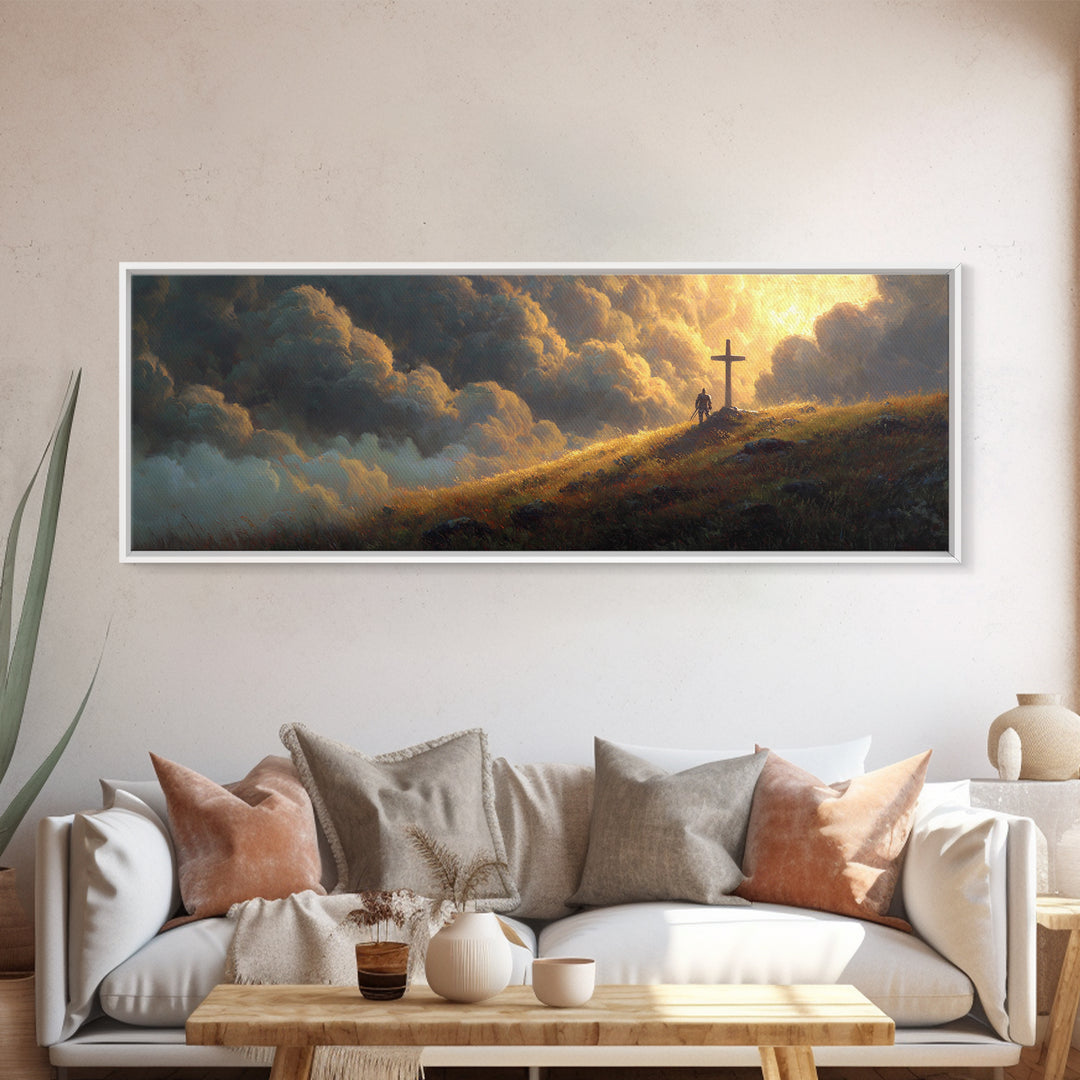 Mystical Knight Near Giant Cross Under Dramatic Sunset Clouds Fantasy Wall Art Canvas Print For Romantic And Spiritual Home Decor