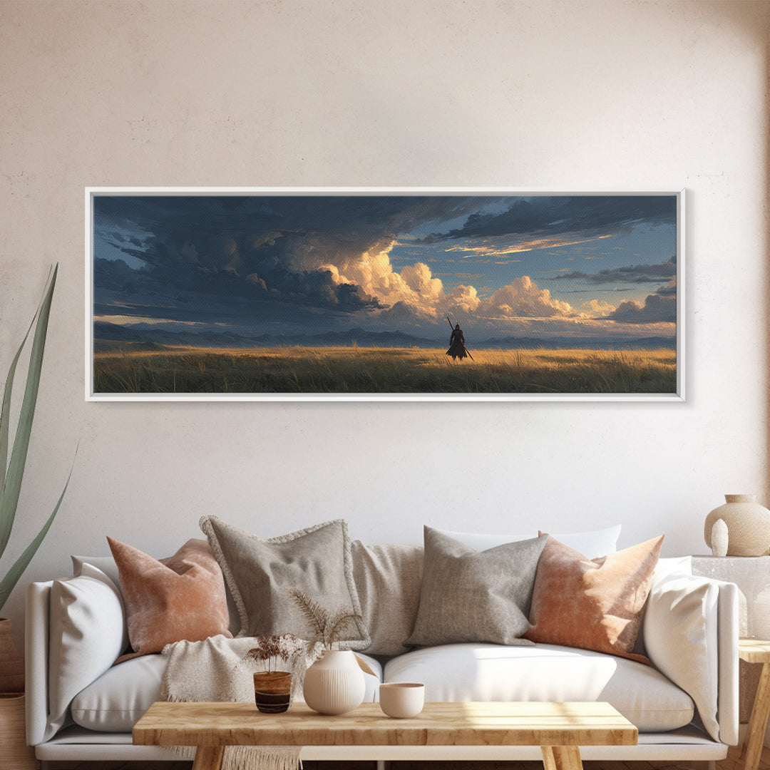 Knight In Field Under Dramatic Cloudscape Sunset Sky Wall Art Canvas Print For Rustic Living Room Decor And Gift For Him