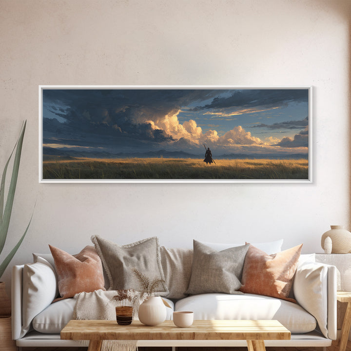 Knight In Field Under Dramatic Cloudscape Sunset Sky Wall Art Canvas Print For Rustic Living Room Decor And Gift For Him