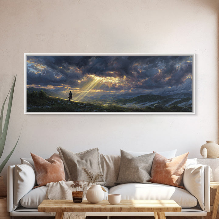 Sunlight Breaking Through Stormy Clouds Over Knight In Vast Landscape Canvas Print Large Wall Art For Moody Home Decor
