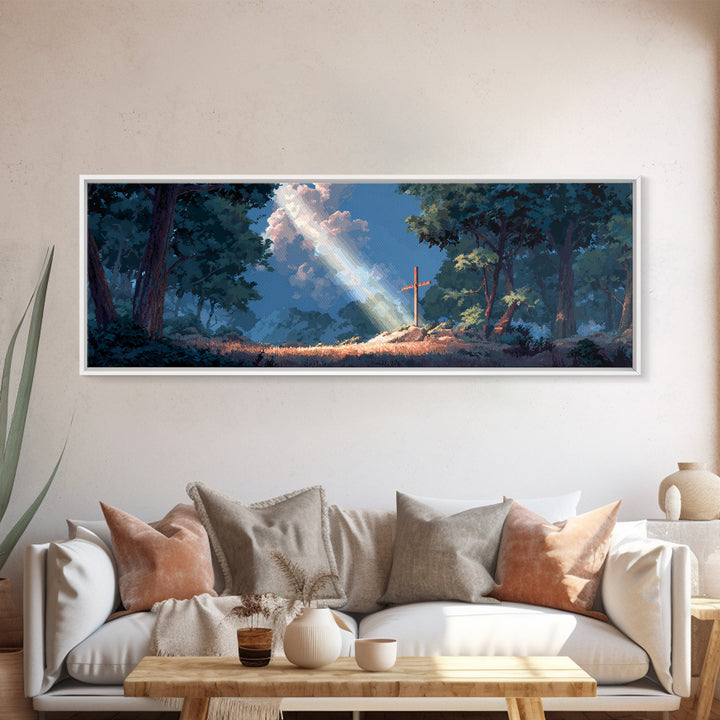 Sun Beam Lighting Cross On Hill With Forest Background Moody Religious Wall Art Canvas Print