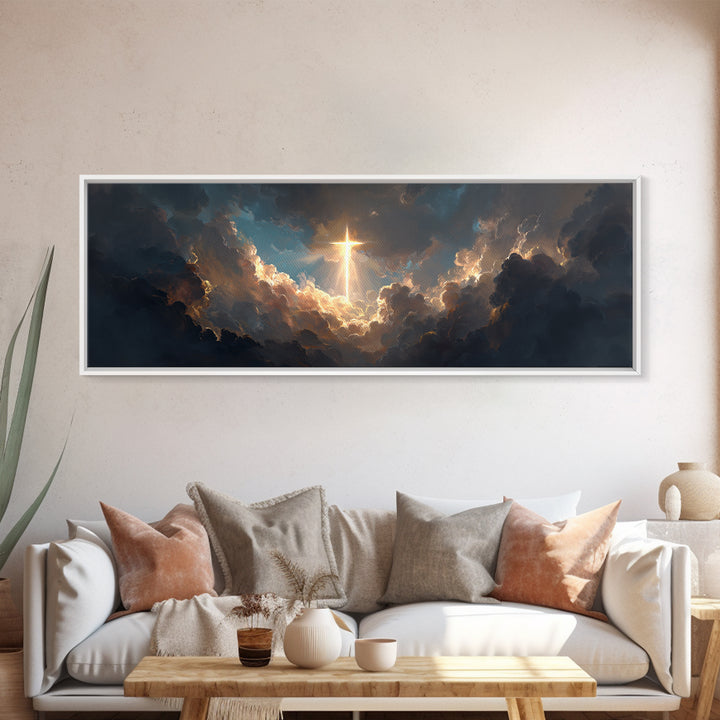 Majestic Gleaming Cross In Clouds Spiritual Religious Wall Art Framed Canvas Print Inspirational Home Decor