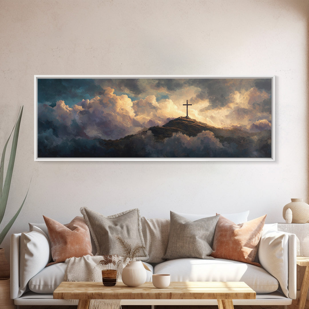 Solitary Cross Atop Mountain Amid Heavenly Clouds Wall Art Large Canvas Print Inspirational Christian Home Decor