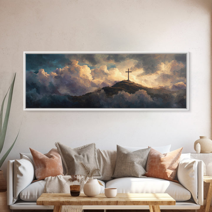 Solitary Cross Atop Mountain Amid Heavenly Clouds Wall Art Large Canvas Print Inspirational Christian Home Decor