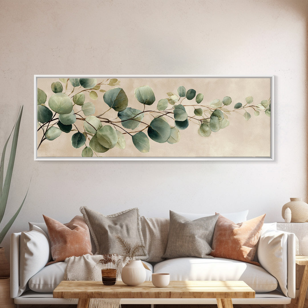 Eucalyptus Branch Botanical Wall Art, Sage Green Neutral Canvas Print, Japandi Living Room Decor, Above Bed Wall Decor, Large Wall Art