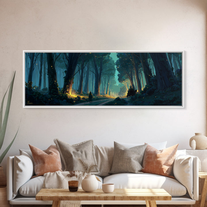 Mystical Enchanted Forest Pathway With Lanterns And Traveler Walking Horse Canvas Print