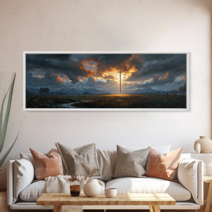 Dramatic Sword Light Rays Landscape Oil Painting Wall Art Framed Canvas Print with Realistic Fantasy Scene for Home and Office