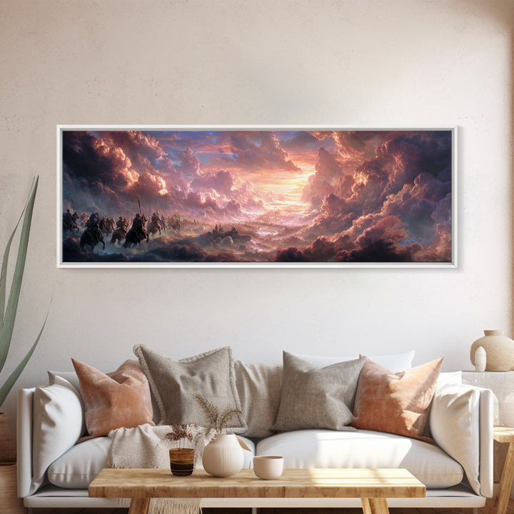 Epic Fantasy Army Charging Through Dramatic Clouds At Sunset Colorful Landscape Wall Art Framed Canvas Print