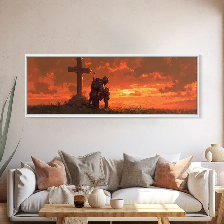 Knight In Armor Kneeling At Cross Dramatic Sunset Religious Framed Canvas Print Wall Art For Home